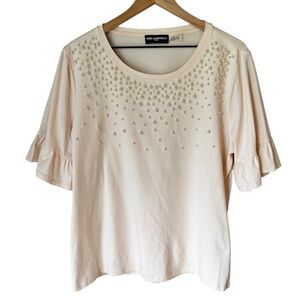 Karl Lagerfeld Paris Pearl  Embellished Ruffle Short Sleeve  Bush Pink Top Sz XL
